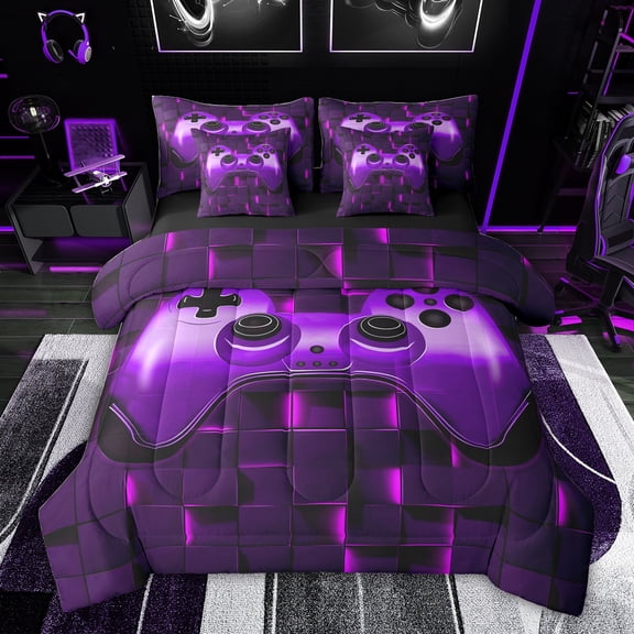 Feelyou Purple Game Controller Bedding Comforter Set 7pcs, Neon Honeycomb Abstract King Bedding Sets, Teens Kids Boys Girls Reversible Bed Sheets, Lightweight Room Decor