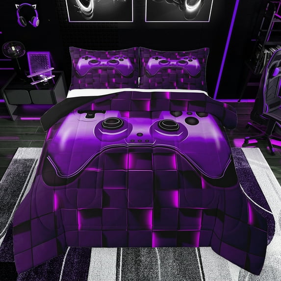 Feelyou Purple Game Controller Queen Comforter Set, Neon Honeycomb Abstract Bedding Sets, Teens Kids Boys Girls Reversible Bedding Comforter Set, Lightweight Room Decor, 3 Pieces