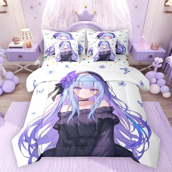 Feelyou Purple Girl Bedding Comforter Set 7pcs, Tokyo Anime Princess King Bedding Sets