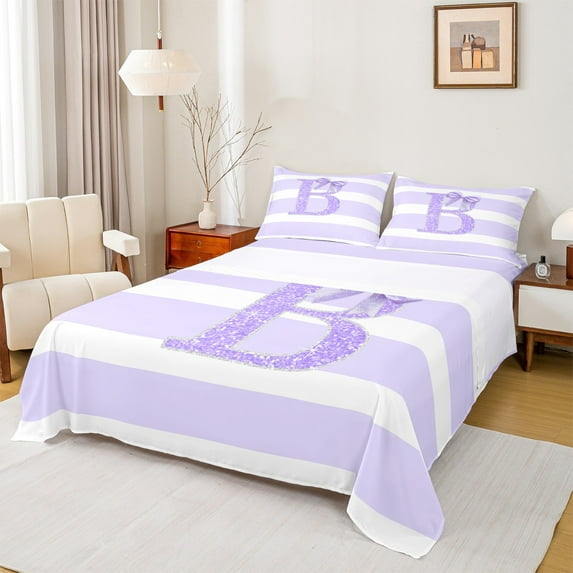 Feelyou Purple Glitter B Queen Sheet Sets, Initial Letter A to Z Flat Sheet, Kawaii Cartoon Style Queen Fitted Sheet, Microfiber Bedroom Decor, 4pcs