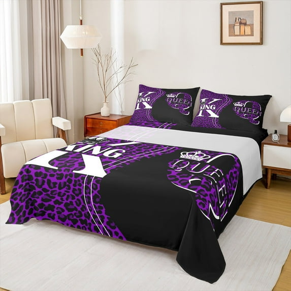 Feelyou Purple Leopard Print Bed Sheets, Romantic Anniversary King Sheets, Stripes Geometric Sheet Set, Ultra Soft Home Decor, 4pcs
