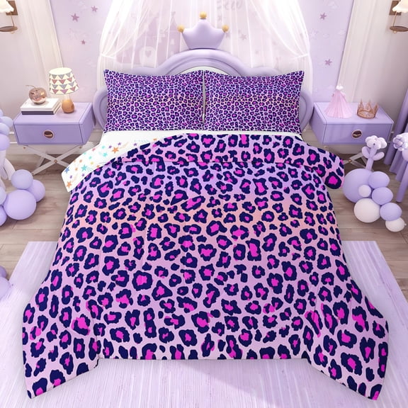 Feelyou Purple Leopard Print Queen Comforter Set, Simple Fashion Bedding Set, 3pcs