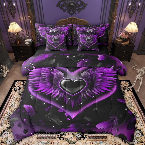 Feelyou Purple Love Heart Bedding Comforter Set 7pcs, Magic Angel Wings Queen Bedding Sets