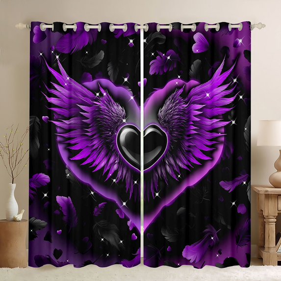 Feelyou Purple Love Heart Black Out Curtains, Angel Wings Curtains Pack of 2 (42x63 Each)