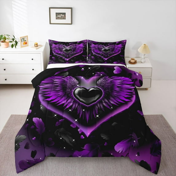 Feelyou Purple Love Heart Twin Comforter Sets, Magic Angel Wings Bedding Set, 2 Pieces