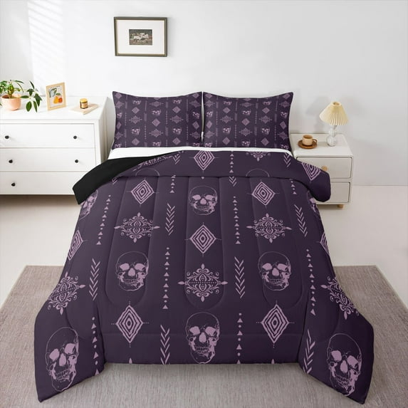 Feelyou Purple Mandala Damask Queen Comforter Set, Gothic Skeleton Bedding Set, 3pcs