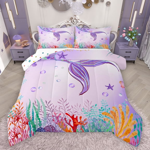 Feelyou Purple Mermaid Tail Bedding Comforter Set for Kids, Cartoon Ocean Coral Twin Comforter Sets, Fairy Tale Princess Reversible Bedding Set, Lightweight Room Decor, 2 Pieces