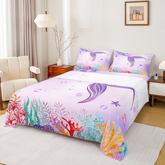 Feelyou Purple Mermaid Tail Twin Sheet Sets for Kids, Cartoon Ocean Coral Twin Fitted Sheet, Fairy Tale Princess Flat Sheet, Lightweight Room Decor, 3 Pieces