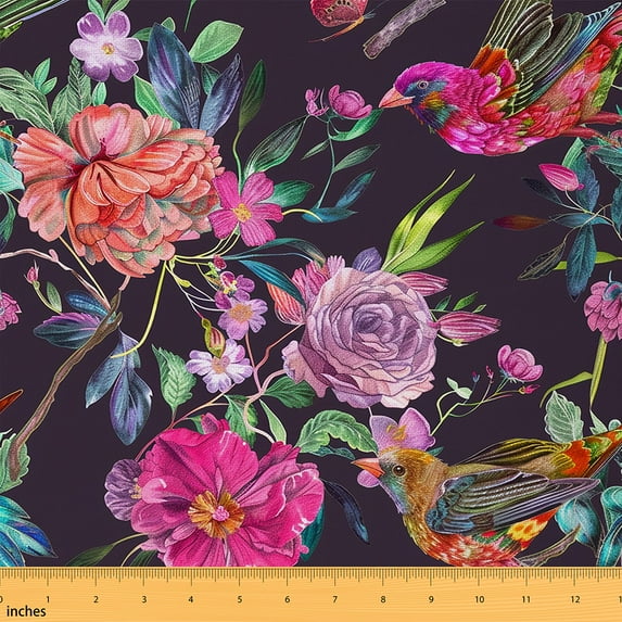 Feelyou Purple Pink Floral Fabric by the Yard 10 Yards, Tribal Bird Animal Sewing Fabric, Retro Bohemian Fashion Home Decor Fabric by the Yard, Super Cozy Room Decor