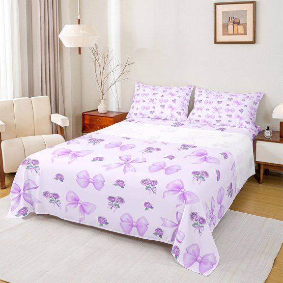 Feelyou Purple Princess Bow Queen Sheet Sets, Fashion Rose Floral Bed Set, 4 Pieces