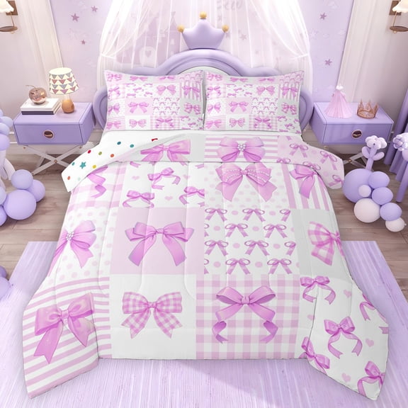 Feelyou Purple Princess Bow Twin Comforter Sets, Lines Abstract Ribbon Bedding Set, 2pcs