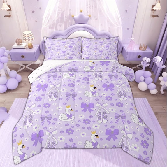 Feelyou Purple Princess Bow-tie Twin Comforter Sets, Swan Floral Bedding Set, 2-Piece