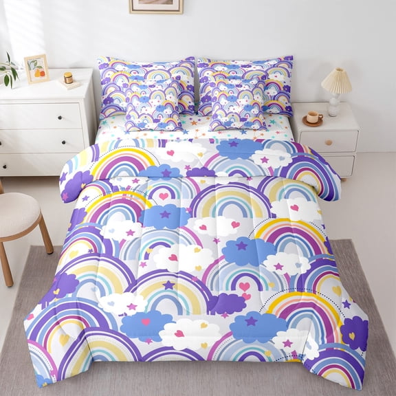 Feelyou Purple Rainbow Cloud Bedding Comforter Set 7pcs, Kawaii Stars Galaxy Sky King Bedding Sets, Teens Kids Boys Girls Reversible Bed Sheets, Super Cozy Room Decor