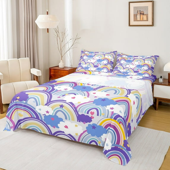 Feelyou Purple Rainbow Cloud Full Size Sheets, Kawaii Stars Galaxy Sky Bed Sheets, Teens Kids Boys Girls Sheet Sets, Super Cozy Room Decor, 4pcs