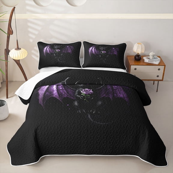 Feelyou Purple Rose Dragon Bed Spread Queen for Boys Girls, Sparkle Wing Animal Queen Coverlet Set, 3-Piece