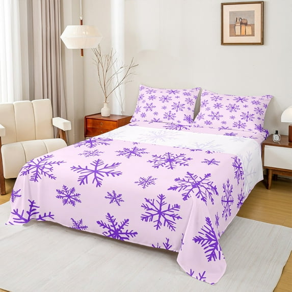 Feelyou Purple Snowflake Twin Sheet Sets, Winter Christmas Twin Fitted Sheet, Dreamy Cartoon Flat Sheet, Super Cozy Room Decor,3 Pieces