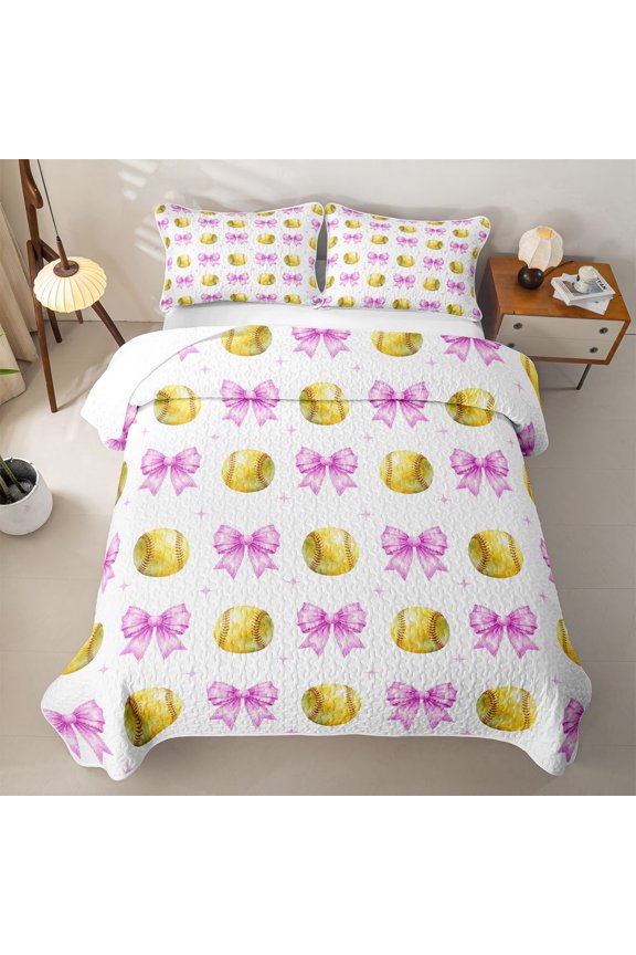 Purple Softball Bow Twin Quilt Set for Girls, Cartoon Ball Theme Twin Coverlet Set, 2pcs
