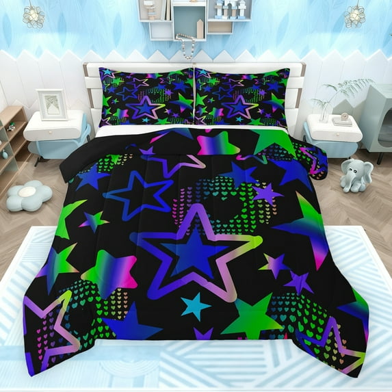 Feelyou Purple Stars Bedding Comforter Set, Neon Gradient Love Heart Twin Comforter Sets, Teens Kids Boys Girls Reversible Bedding Set, Super Cozy Room Decor, 2pcs