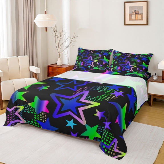 Feelyou Purple Stars Full Size Sheets, Neon Gradient Love Heart Bed Sheets, Teens Kids Boys Girls Sheet Sets, Super Cozy Room Decor, 4pcs