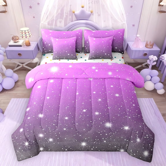 Feelyou Purple Strry Sky Bedding Comforter Set 7 Pieces, Bling Stars Full Bedding Set