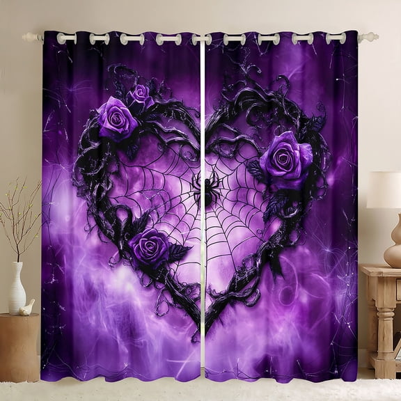 Feelyou Purple Thorny Rose Black Out Curtains for Couple, Gothic Spider Web Curtains Pack of 2 (42x63 Each), Romantic Love Heart Bedroom Curtains, Blackout Curtains Bedroom Decor