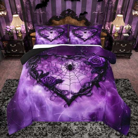 Feelyou Purple Thorny Rose Full Size Comforter Sets for Couple, Gothic Spider Web Bedding Comforter Set, Romantic Love Heart Reversible Bedding Sets, Luxury Bedroom Decor, 3 Pieces