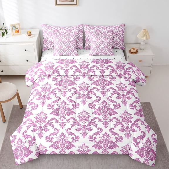 Feelyou Purple Tribal Damask Twin Bedding Sets 7pcs, Boho Floral Bedding Comforter Set