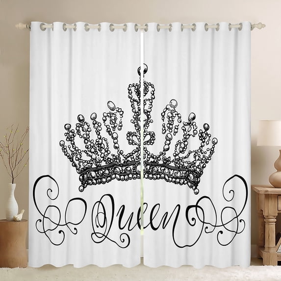 Feelyou Queen Crown Black Out Curtains for Kid, Kawaii Princess Style Curtains Pack of 2 (42x63 Each), White Grey Cartoon Bedroom Curtains, Blackout Curtains Bedroom Decor