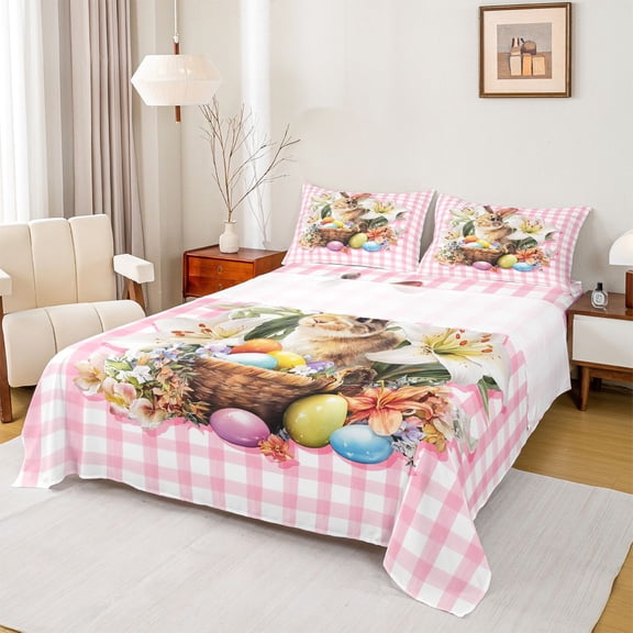 Feelyou Rabbit Bunnies Animal Bed Sheets, Colorful Easter Eggs King Sheets, 4-Piece