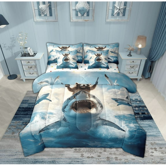 Feelyou Raccoon Riding Shark Bedding Comforter Set 7-Piece, Kawaii Sealife Animal King Bedding Sets, Ocean Birds Reversible Bed Sheets, Ultra Soft Home Decor