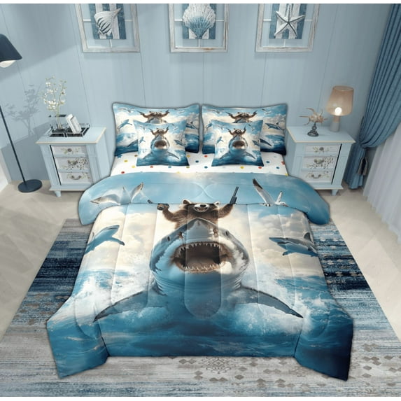 Feelyou Raccoon Riding Shark Bedding Comforter Set 7 Pieces, Kawaii Sealife Animal Full Bedding Set, Ocean Birds Reversible Fitted Sheet Flat Sheet, Ultra Soft Home Decor