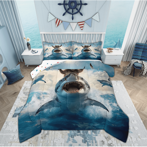 Feelyou Raccoon Riding Shark Bedding Comforter Set, Kawaii Sealife Animal Twin Comforter Sets, Ocean Birds Reversible Bedding Set, Ultra Soft Home Decor, 2-Piece