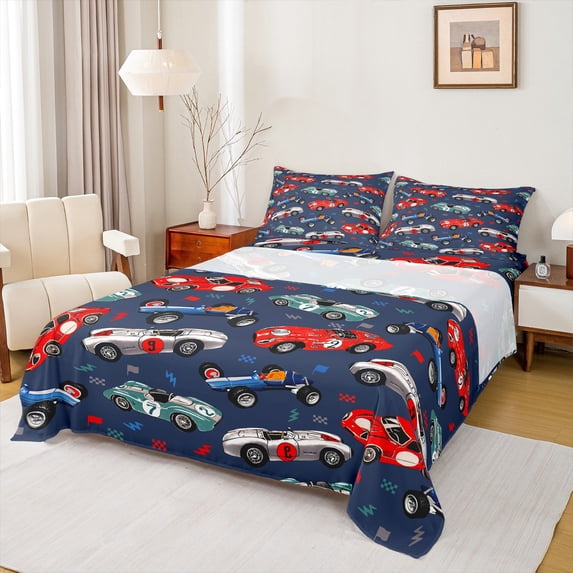 Feelyou Race Car Gaming Bed Sheets for Boy, Speed Extreme Sports King Sheets, Navy Cartoon Vehicle Sheet Set, Lightweight Room Decor, 4pcs