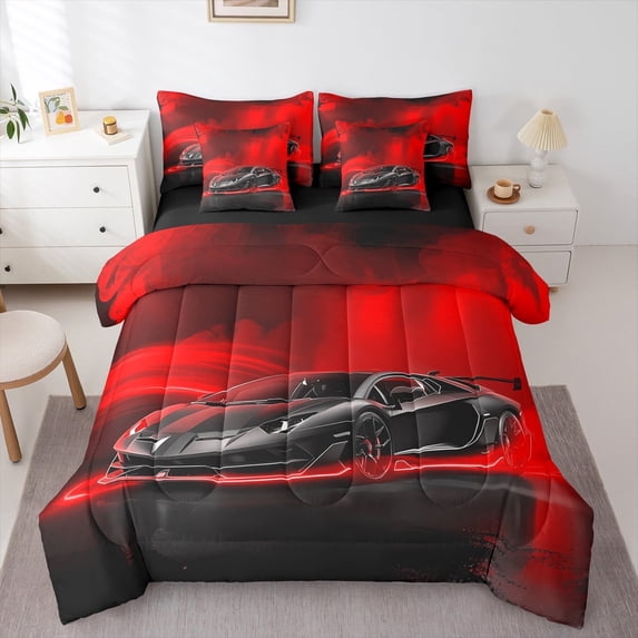Feelyou Racing Car Boys Bedding Comforter Set 7pcs, Black Red Automobile Queen Bedding Sets, Extreme Speed Sports Reversible Queen Sheet Sets, Lightweight Room Decor