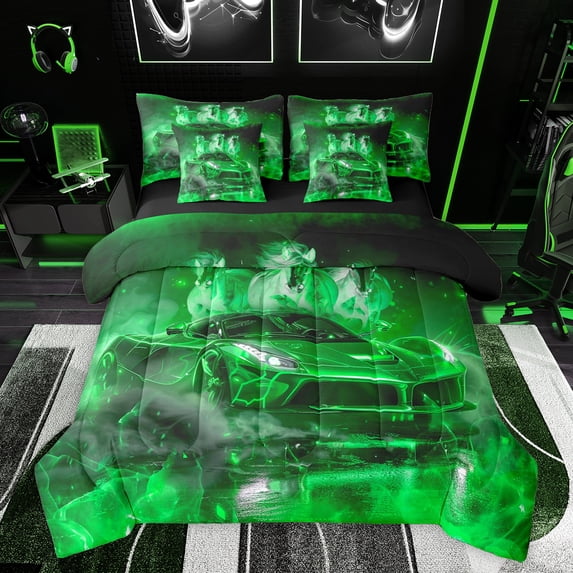 Feelyou Racing Car Green Bedding Comforter Set 7pcs for Teens, Speed Sports Game King Bedding Sets, Rustic Horse Animal Reversible Bed Sheets, Ultra Soft Bedroom Decor