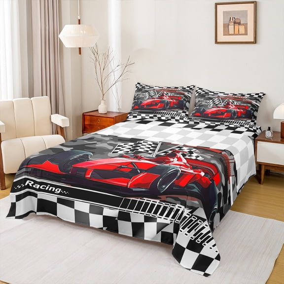 Feelyou Racing Car Kids Bed Sheets, Extreme Sports Lover King Sheets, Camo Checkered Flag Sheet Set, Lightweight Room Decor, 4pcs