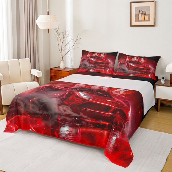 Feelyou Racing Car Red Twin Sheet Sets for Teens, Speed Sports Game Twin Fitted Sheet, Rustic Horse Animal Flat Sheet, Lightweight Room Decor, 3 Pieces