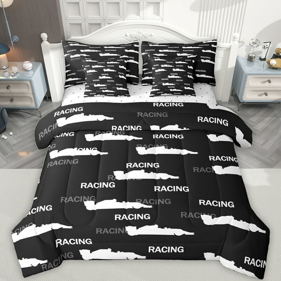 Feelyou Racing Lover Kids Bedding Comforter Set 7pcs, Exterme Sports Athlete Queen Bedding Sets, Cartoon Automobile Theme Reversible Queen Sheet Sets, Microfiber Bedroom Decor