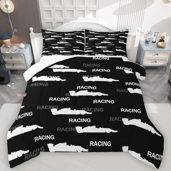 Feelyou Racing Lover Kids Full Size Comforter Sets, Exterme Sports Athlete Bedding Comforter Set, Cartoon Automobile Theme Reversible Bedding Sets, Microfiber Bedroom Decor, 3 Pieces