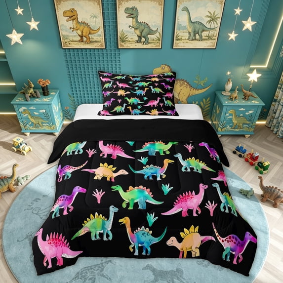 Feelyou Rainbow Cartoon Dinosaur Twin Comforter Sets for Kids Boys Girls, Cute Prehistoric Wildlife Bedding Set, Black, Black Reversible, 2-Piece