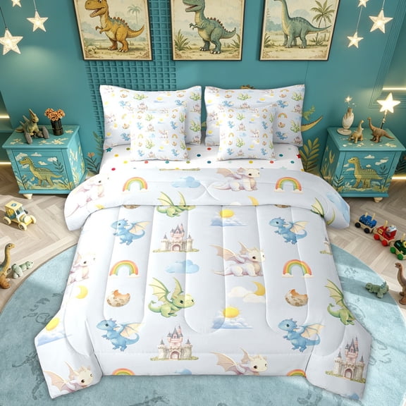 Feelyou Rainbow Castle Dragon Twin Bedding Sets for Kids Boys Girls, Dreamy Sky Wildlife Bedding Comforter Set, Blue, Polkadot Reversible, 7-Piece