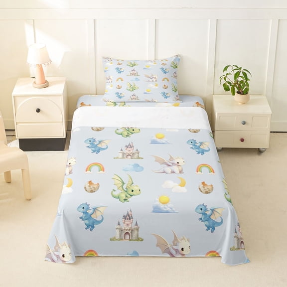 Feelyou Rainbow Castle Dragon Twin Sheet Sets for Kids Boys Girls, Dreamy Sky Wildlife Bedding, Blue, 3-Piece