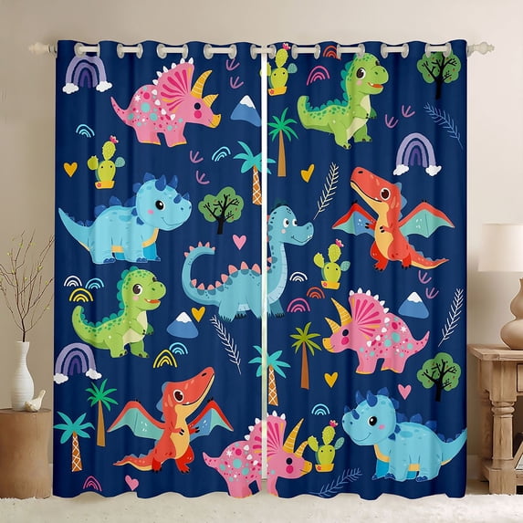 Feelyou Rainbow Dino Wildlife Black Out Curtains for Kids Boys Girls, Tropical Palm Curtains Pack of 2 (42x63 Each), Navy