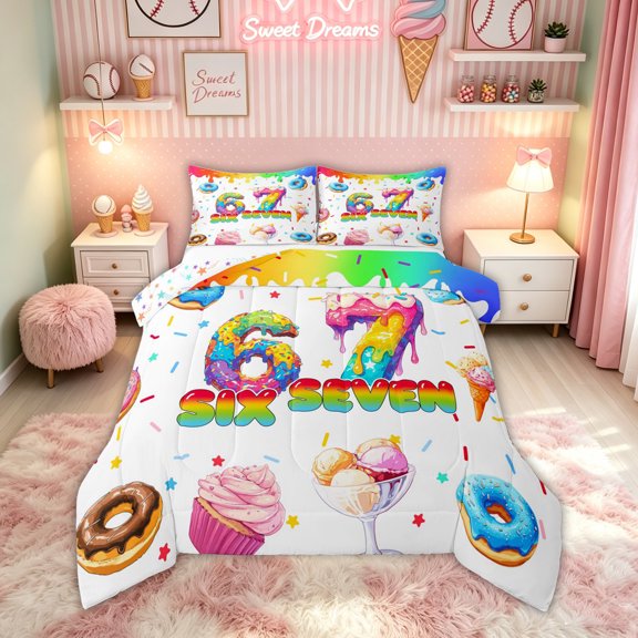 Feelyou Rainbow Donut 67 Queen Comforter Set for Girls, Sprinkle Dessert Donut Comforter Sets Queen, Colorful Star Reversible, 3pcs, 1 Comforter and 2 Pillowcases