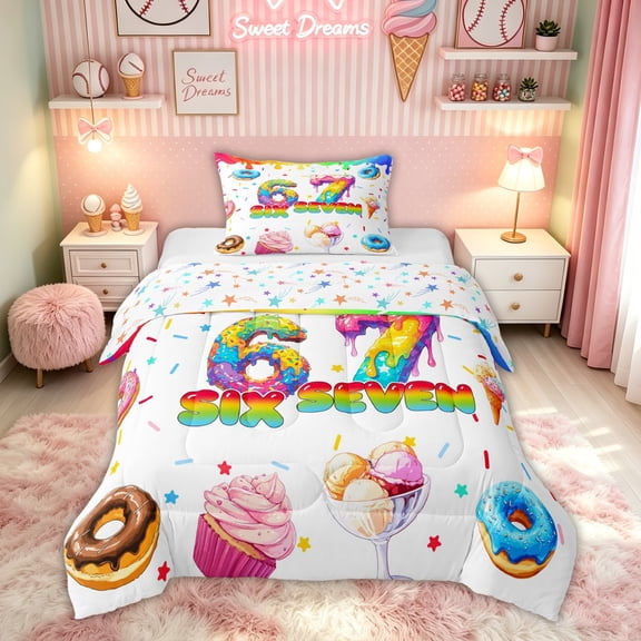 Feelyou Rainbow Donut 67 Twin Comforter Sets for Girls, Sprinkle Dessert Donut Bedding Set, Colorful Star Reversible, 2pcs, 1 Comforter and 1 Pillowcase
