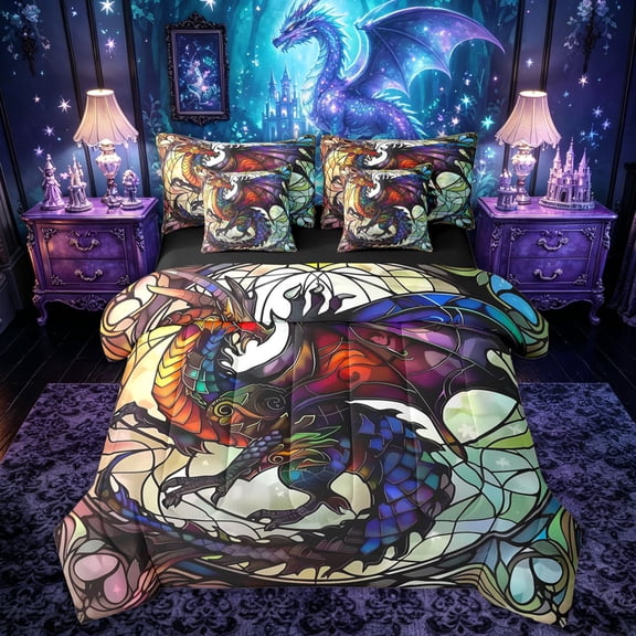 Feelyou Rainbow Dragon Twin Bedding Sets for Kids, Magical Tribal Animal Bedding Comforter Set, Multicolor, Black Reversible, 7pcs