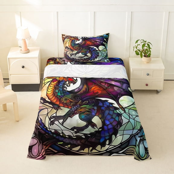 Feelyou Rainbow Dragon Twin Sheet Sets for Kids, Magical Tribal Animal Bedding, Multicolor, 3pcs