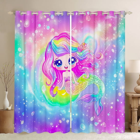 Feelyou Rainbow Galaxy Kawaii Mermaid Tail Black Out Curtains for Girls, Sparkle Star Marine Fairy Curtains Pack of 2 (42x63 Each), Pink Blue