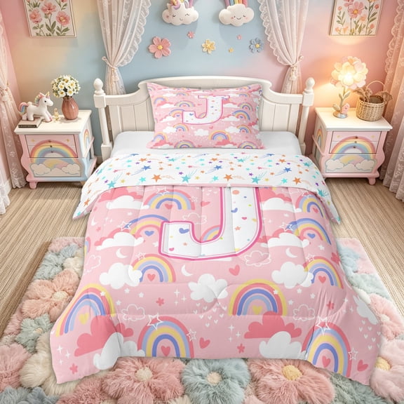 Feelyou Rainbow J Initial Twin Comforter Sets for Girls Kids, Galaxy Stars Cloud Bedding Set, Pink Multicolor, Colorful Stars Reversible, 2pcs