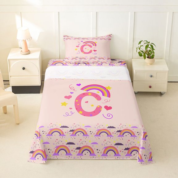 Feelyou Rainbow Letter C Twin Sheet Sets for Girls, Cartoon Lover Heart Bedding, Pink, 3-Piece